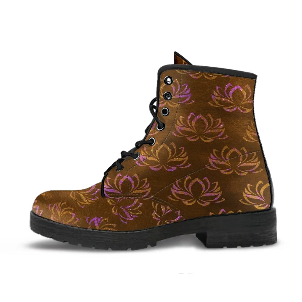 Combat Boots - Lotus, Distressed Brown Lace Up Boots Women, Custom Shoes, Vegan Shoes, 90s Boots, 2000s Boots, Hippie Boots, Women's Boots