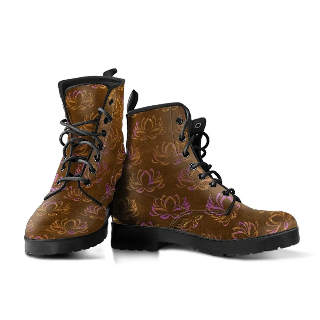 Combat Boots - Lotus, Distressed Brown Lace Up Boots Women, Custom Shoes, Vegan Shoes, 90s Boots, 2000s Boots, Hippie Boots, Women's Boots
