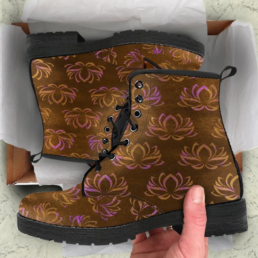 Combat Boots - Lotus, Distressed Brown Lace Up Boots Women, Custom Shoes, Vegan Shoes, 90s Boots, 2000s Boots, Hippie Boots, Women's Boots