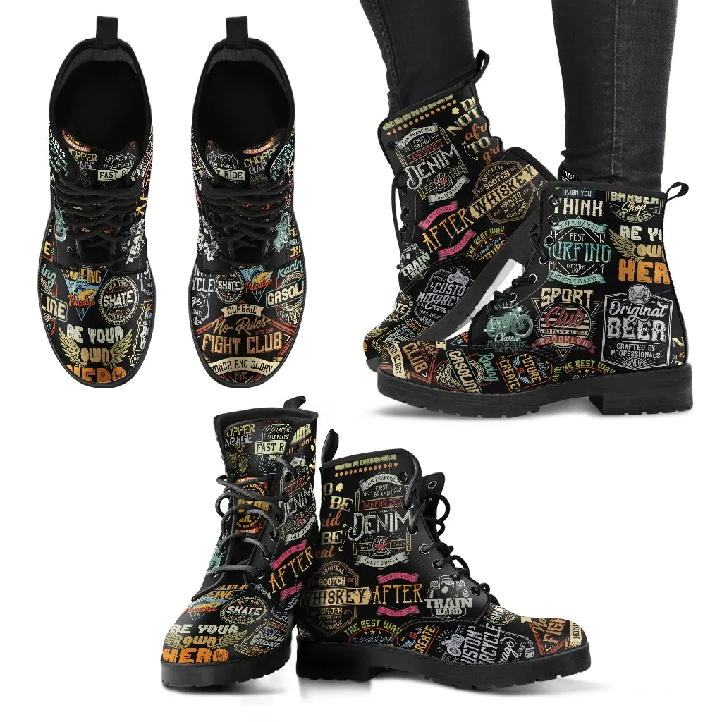 Combat Boots-Vintage Labels, Custom Shoes, Vegan Leather Boots, 2000s Boots