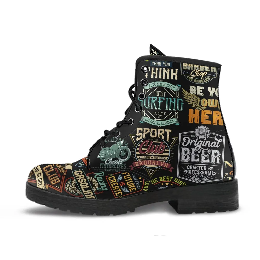 Combat Boots-Vintage Labels, Custom Shoes, Vegan Leather Boots, 2000s Boots