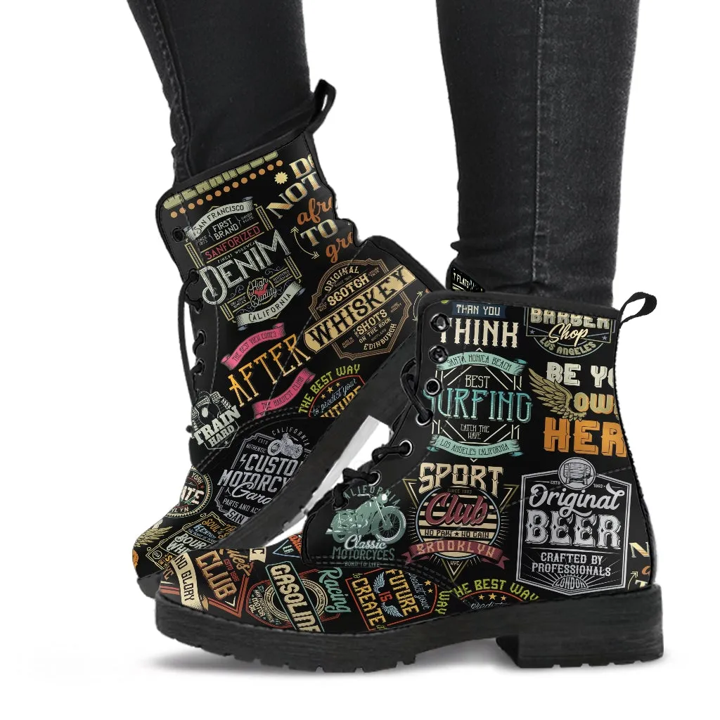 Combat Boots-Vintage Labels, Custom Shoes, Vegan Leather Boots, 2000s Boots