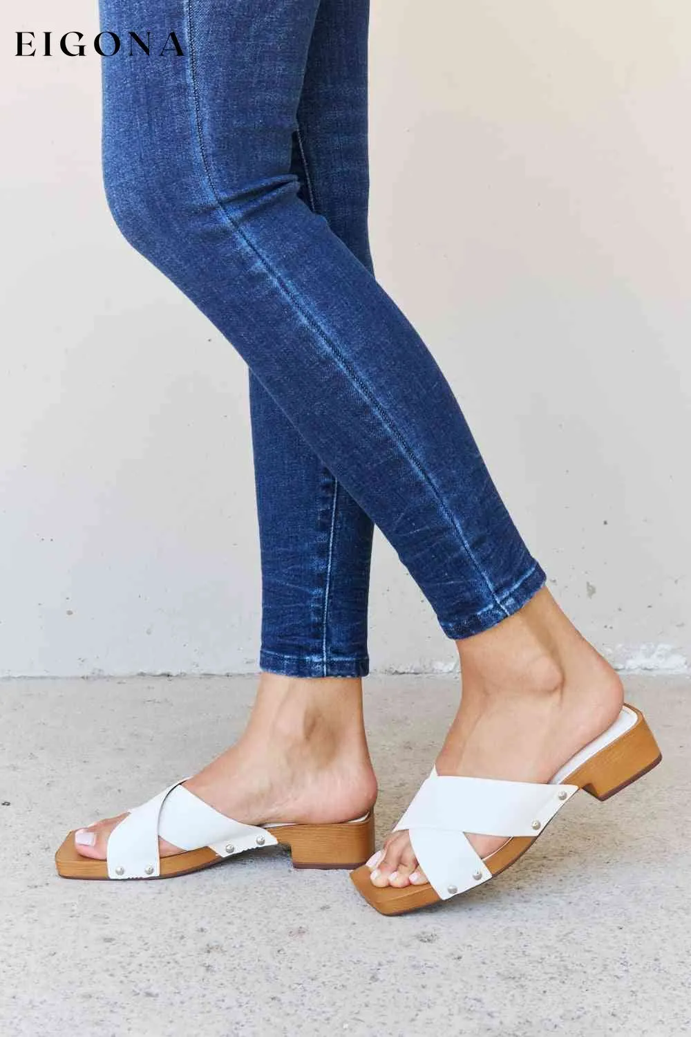 Criss Cross Wooden Clog Mule in White