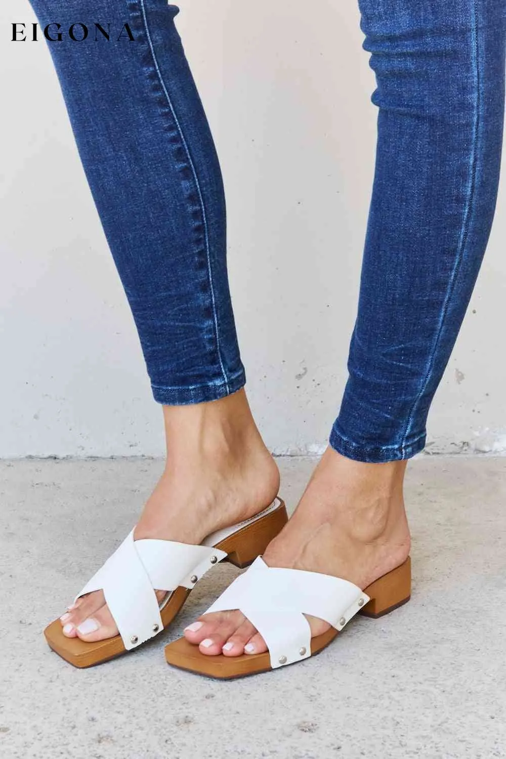 Criss Cross Wooden Clog Mule in White
