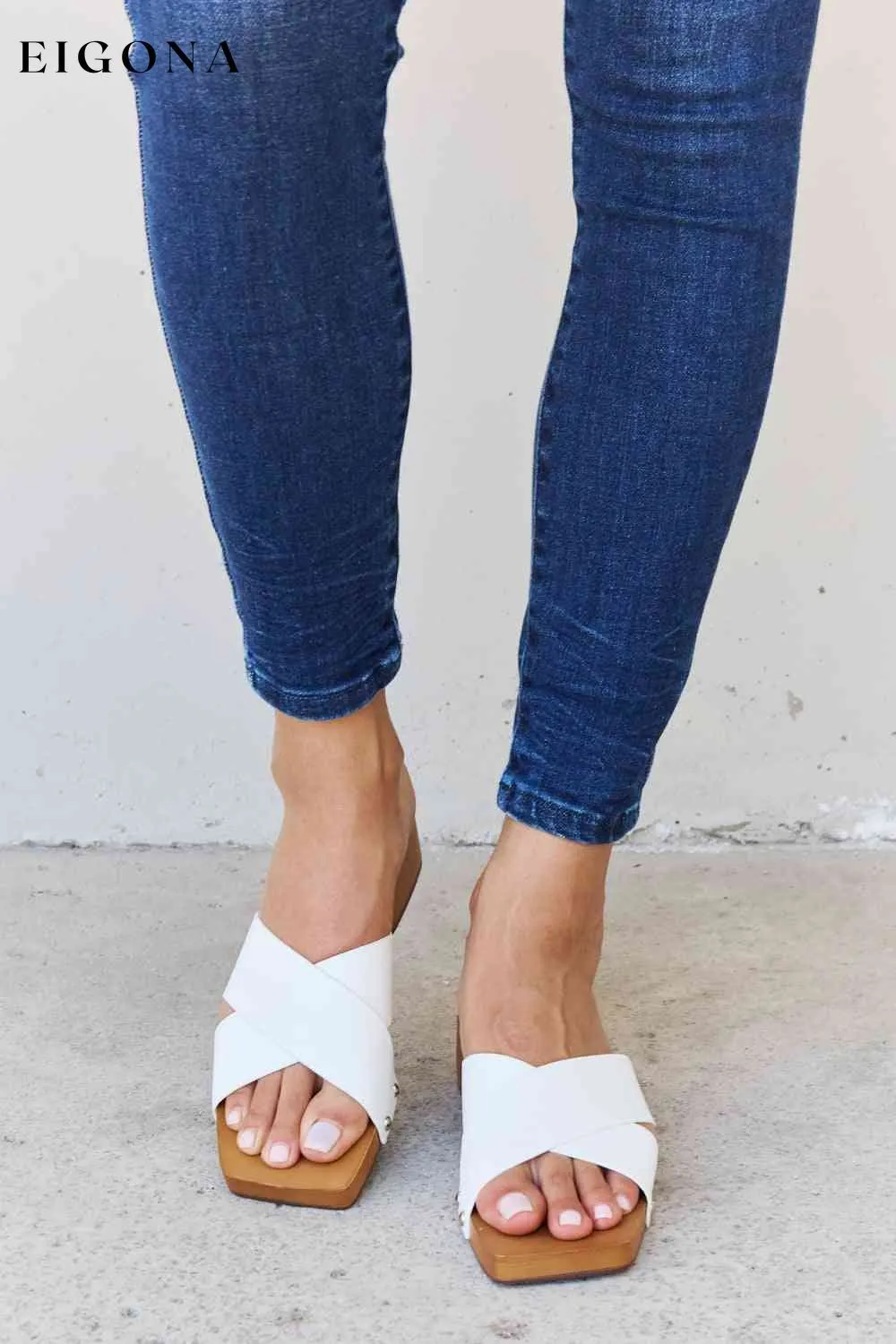 Criss Cross Wooden Clog Mule in White
