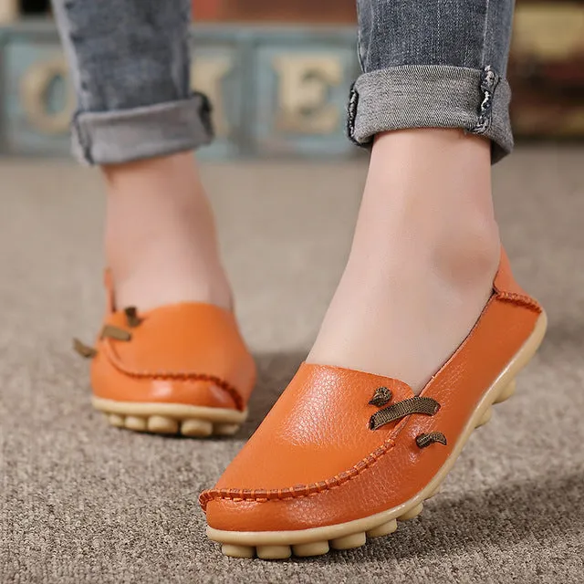 Genuine Leather Women Shoes  Fashion Lace up Casual Flat Shoes Peas Non-Slip Outdoor Shoes Plus Size 34 -44