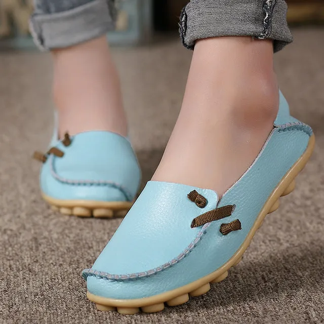 Genuine Leather Women Shoes  Fashion Lace up Casual Flat Shoes Peas Non-Slip Outdoor Shoes Plus Size 34 -44