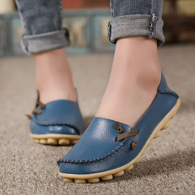 Genuine Leather Women Shoes  Fashion Lace up Casual Flat Shoes Peas Non-Slip Outdoor Shoes Plus Size 34 -44