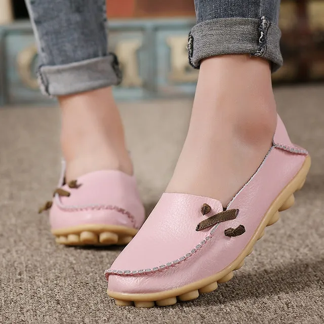 Genuine Leather Women Shoes  Fashion Lace up Casual Flat Shoes Peas Non-Slip Outdoor Shoes Plus Size 34 -44