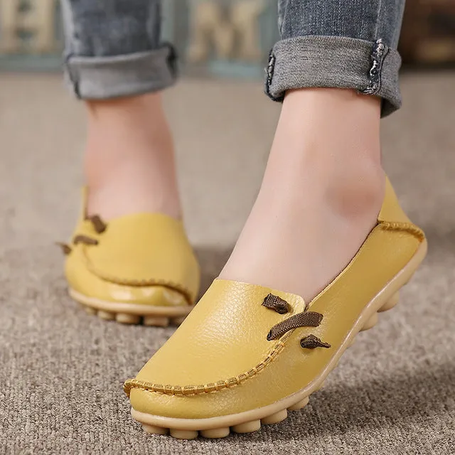 Genuine Leather Women Shoes  Fashion Lace up Casual Flat Shoes Peas Non-Slip Outdoor Shoes Plus Size 34 -44