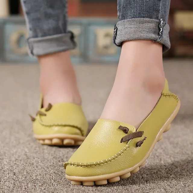 Genuine Leather Women Shoes  Fashion Lace up Casual Flat Shoes Peas Non-Slip Outdoor Shoes Plus Size 34 -44