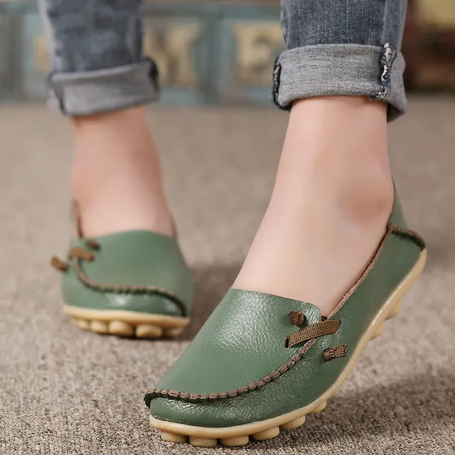 Genuine Leather Women Shoes  Fashion Lace up Casual Flat Shoes Peas Non-Slip Outdoor Shoes Plus Size 34 -44