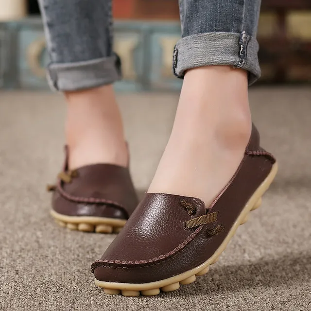 Genuine Leather Women Shoes  Fashion Lace up Casual Flat Shoes Peas Non-Slip Outdoor Shoes Plus Size 34 -44