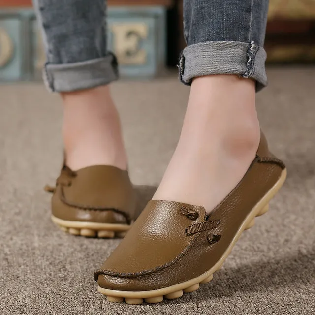 Genuine Leather Women Shoes  Fashion Lace up Casual Flat Shoes Peas Non-Slip Outdoor Shoes Plus Size 34 -44