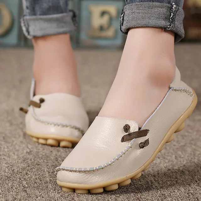Genuine Leather Women Shoes  Fashion Lace up Casual Flat Shoes Peas Non-Slip Outdoor Shoes Plus Size 34 -44