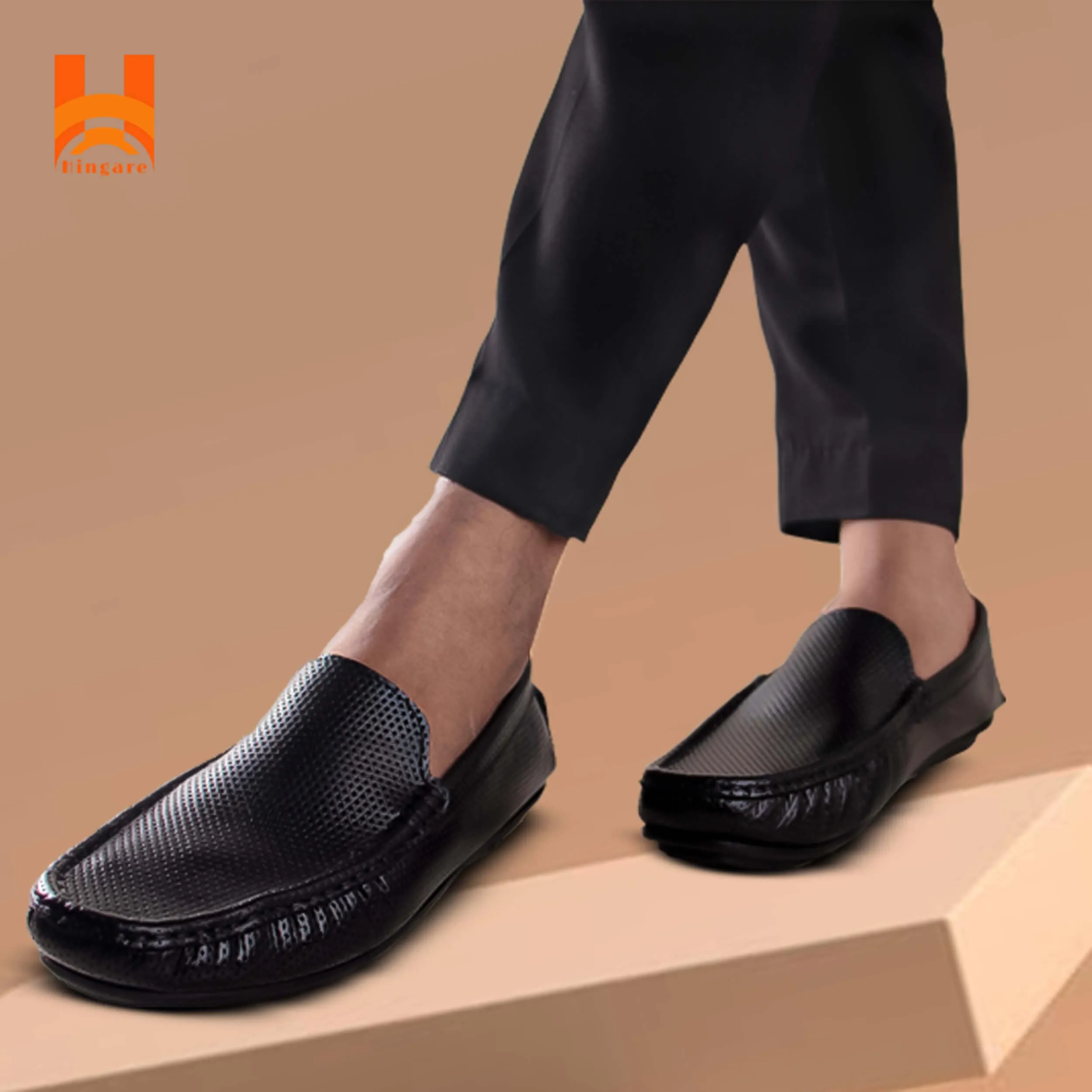 Hingare Genuine Leather Men's Shoes Textured Print Casual Slip On Loafers