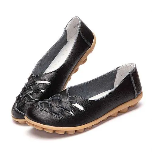 Hollow Out Leather Loafers Moccasin Casual Flat Shoes