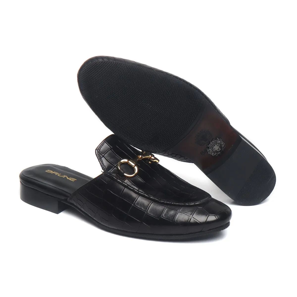 Horse-bit Detailing Leather Formal Mules in Black Deep Cut Leather