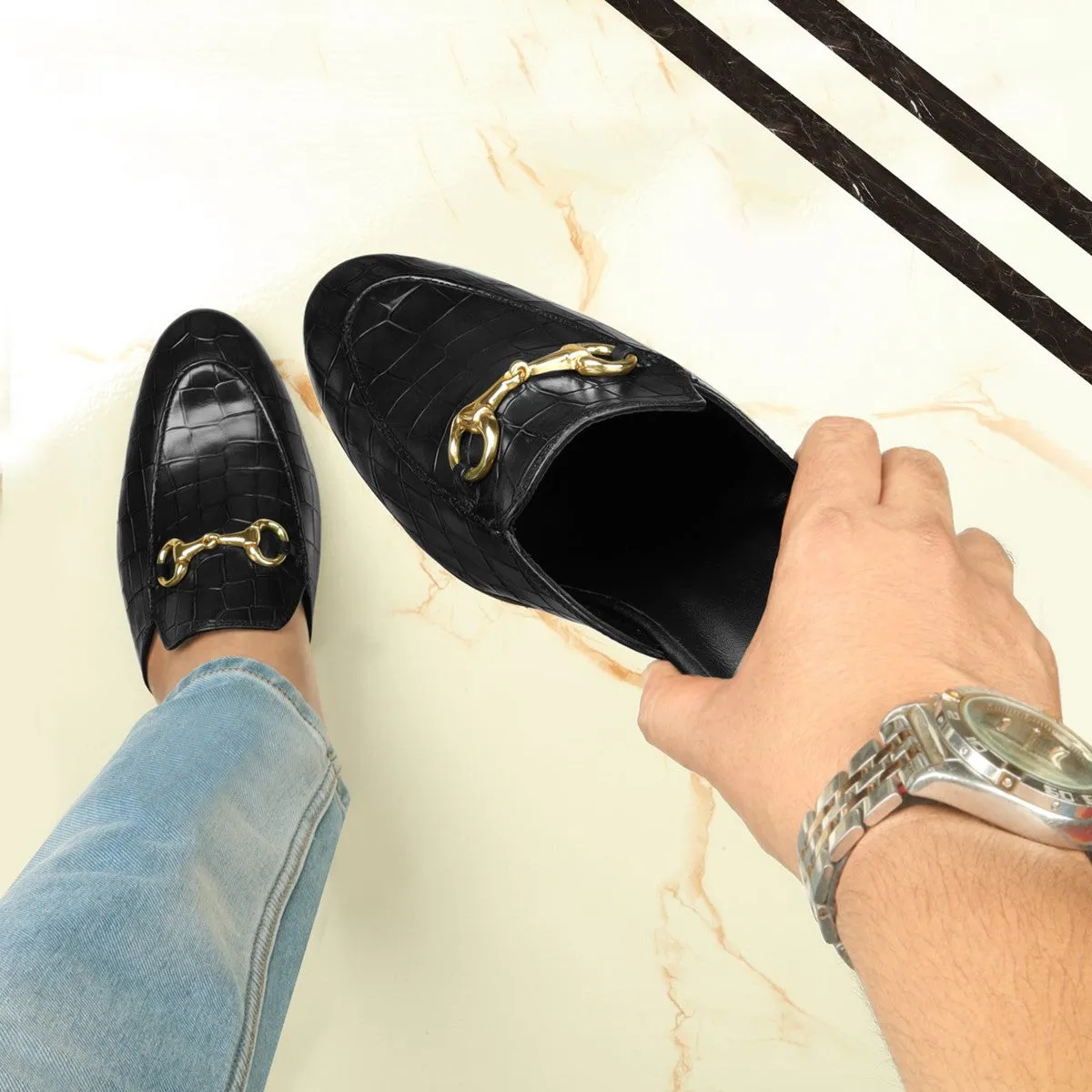 Horse-bit Detailing Leather Formal Mules in Black Deep Cut Leather