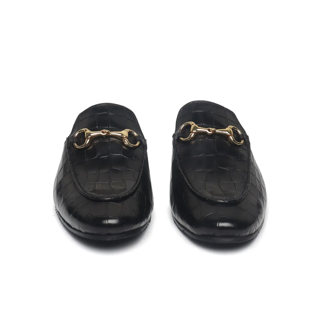 Horse-bit Detailing Leather Formal Mules in Black Deep Cut Leather