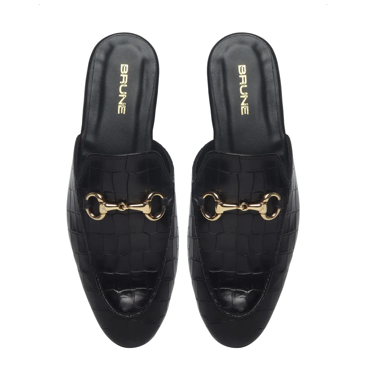 Horse-bit Detailing Leather Formal Mules in Black Deep Cut Leather