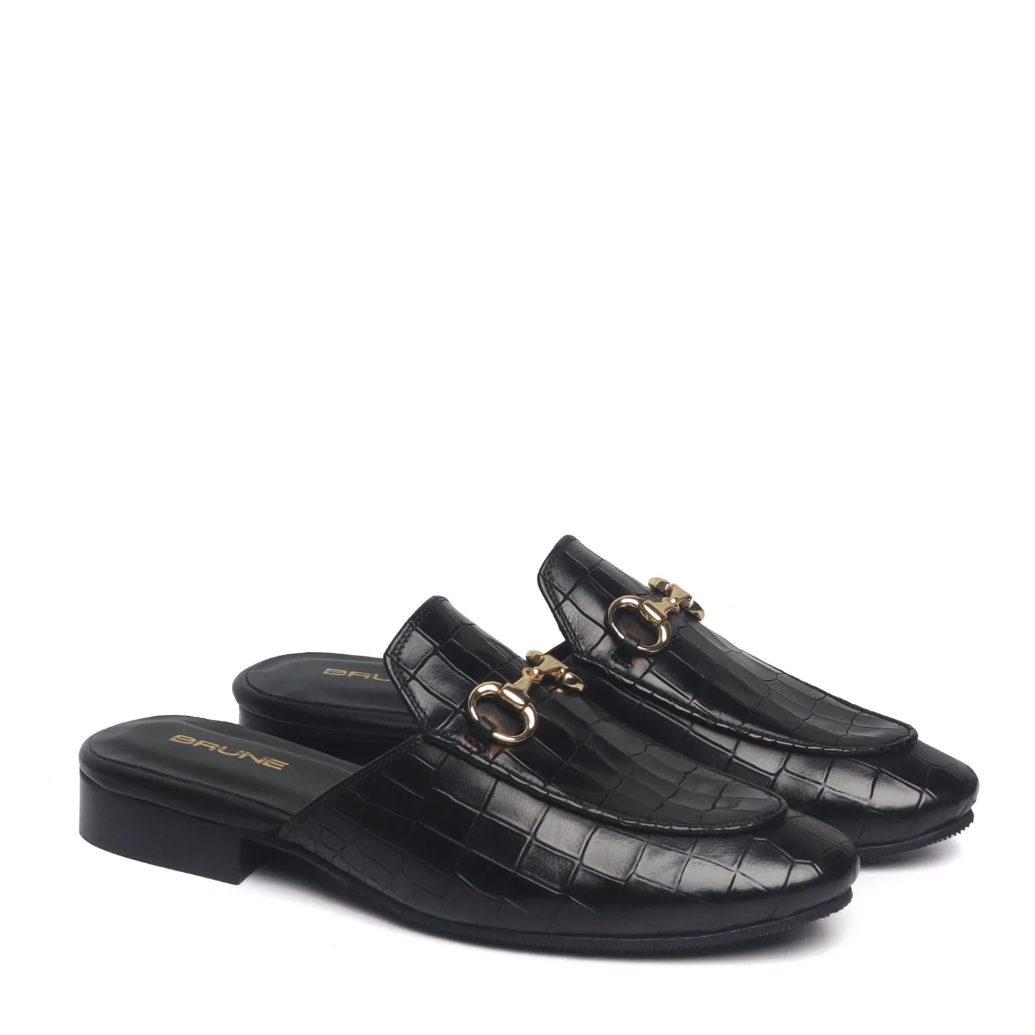 Horse-bit Detailing Leather Formal Mules in Black Deep Cut Leather