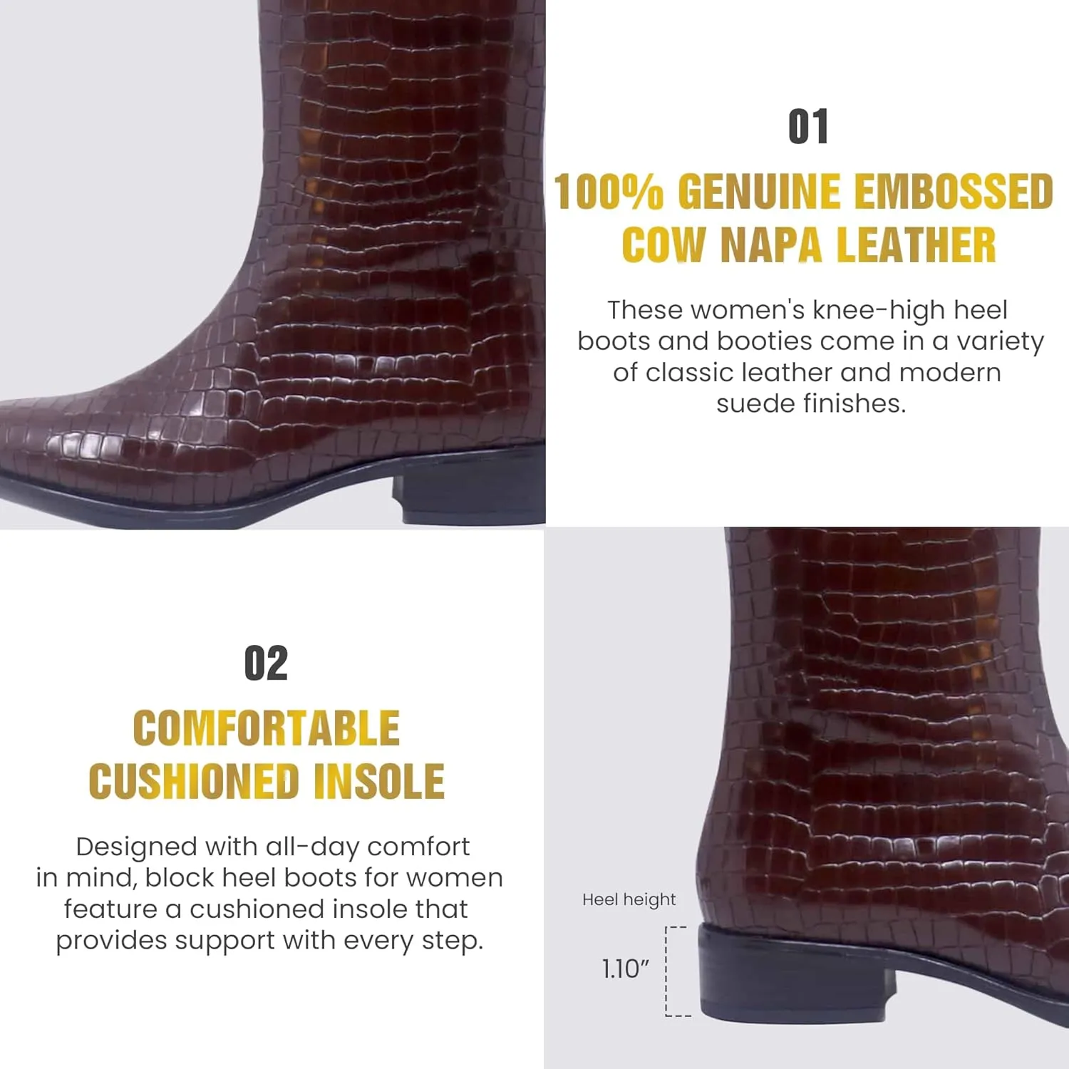 JATAREA Women's Leather Knee-High Boots - Stylish Block Heel - Comfortable Bootie for Females - Cushioned Insole for Comfort - Durable and Versatile Design