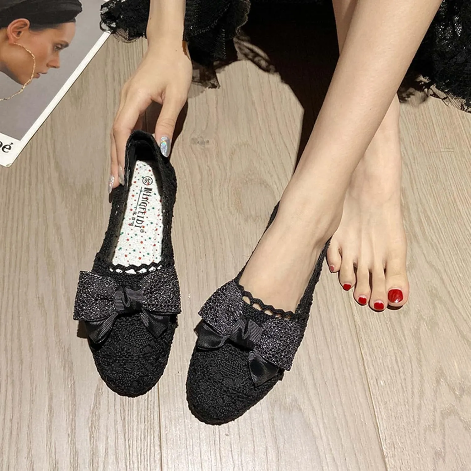 JOEupin Women's Foldable Flats Lace Breathable Round Toe Slip On Casual Ballet Flats Dress Shoes