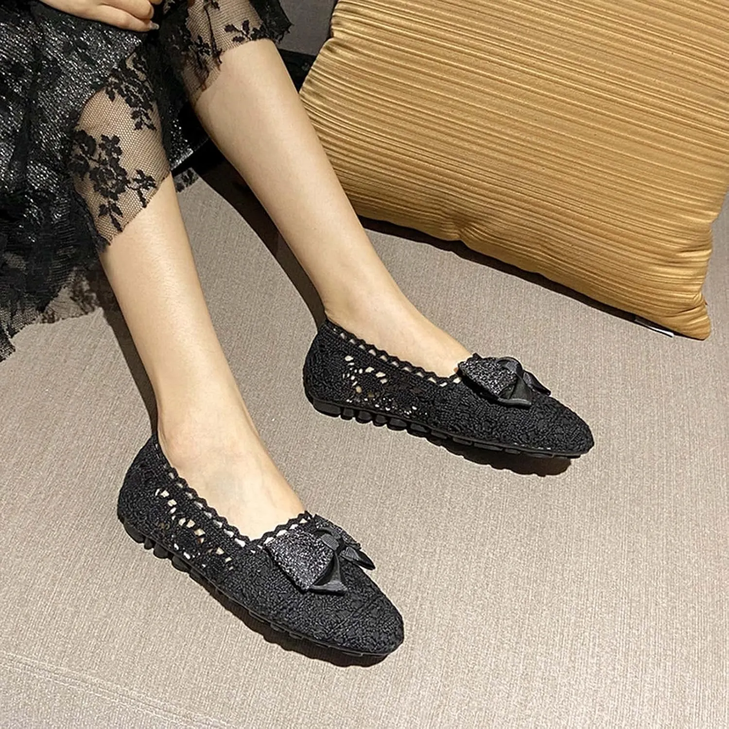 JOEupin Women's Foldable Flats Lace Breathable Round Toe Slip On Casual Ballet Flats Dress Shoes