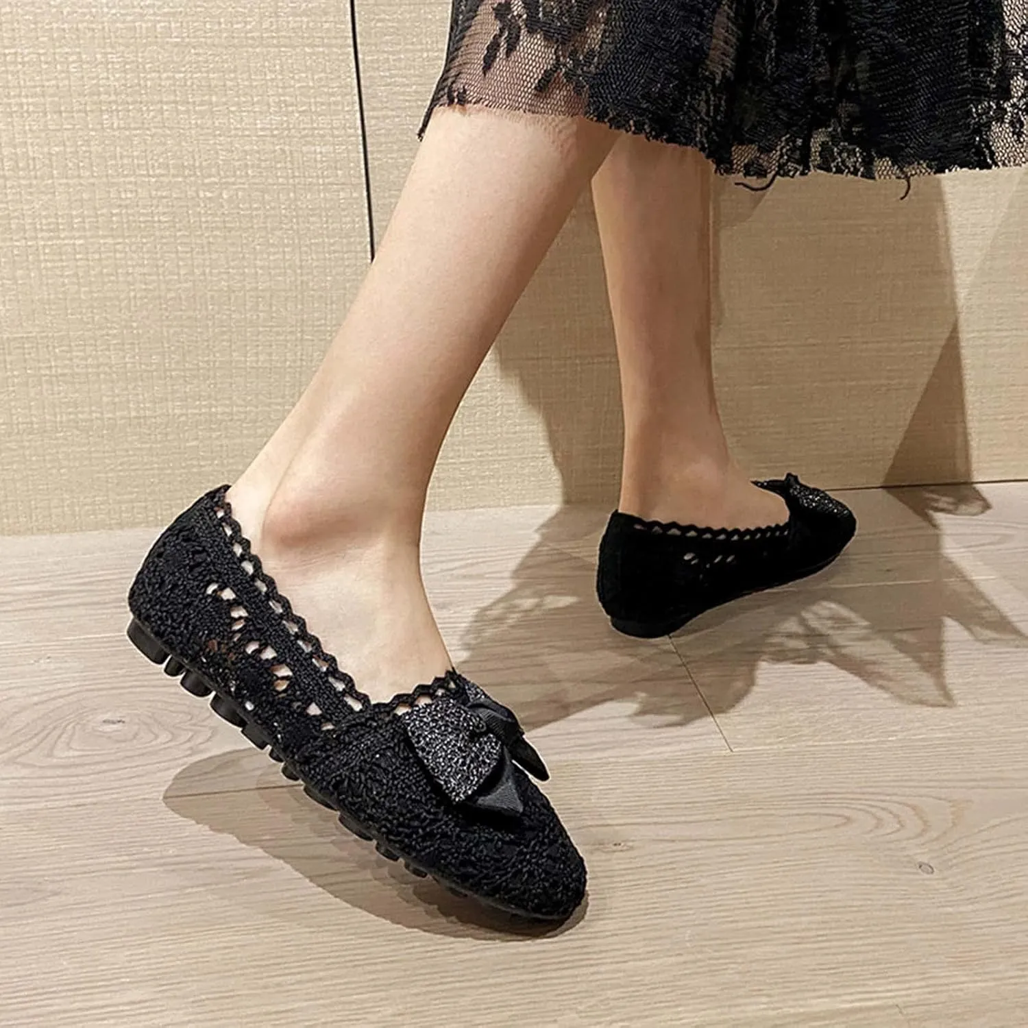 JOEupin Women's Foldable Flats Lace Breathable Round Toe Slip On Casual Ballet Flats Dress Shoes