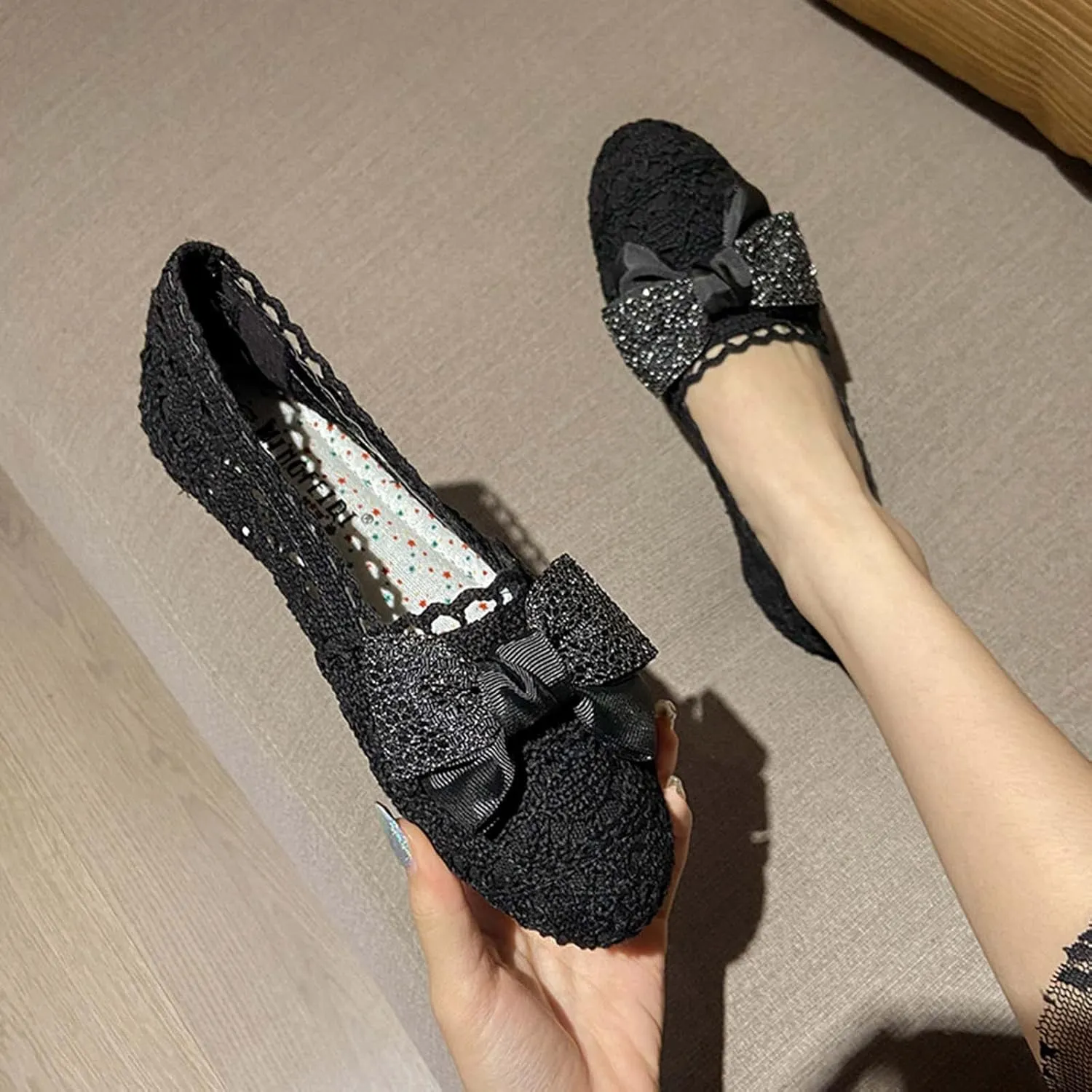 JOEupin Women's Foldable Flats Lace Breathable Round Toe Slip On Casual Ballet Flats Dress Shoes