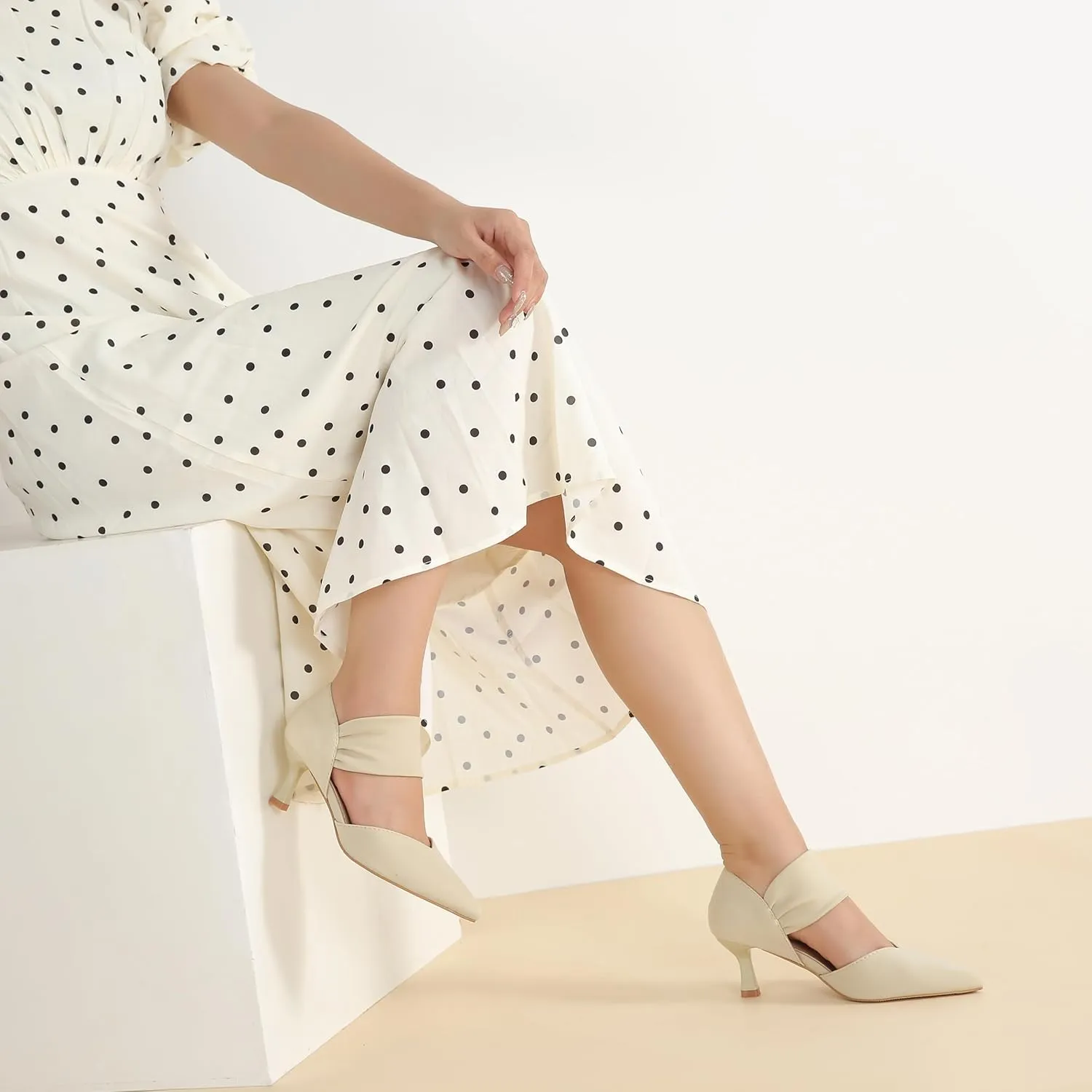 MAIERNISI JESSI Kitten Heels for Women Closed Pinted Toe Low Heels Slip on Ankle Strap Elegant Dress Pumps
