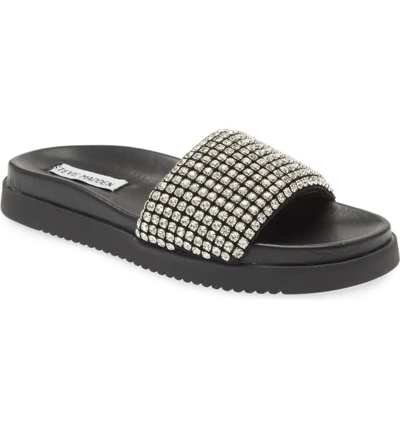 Marren - Rhinestone Pool Slide Sandals - Black