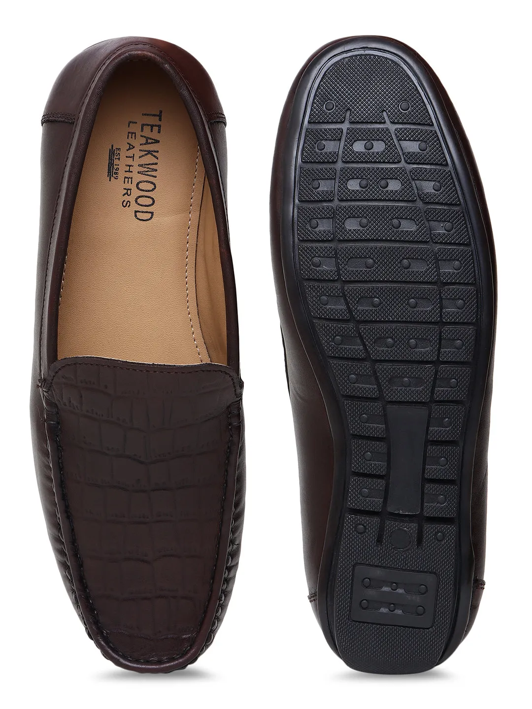 Men Texture Genuine Leather Brown Loafers