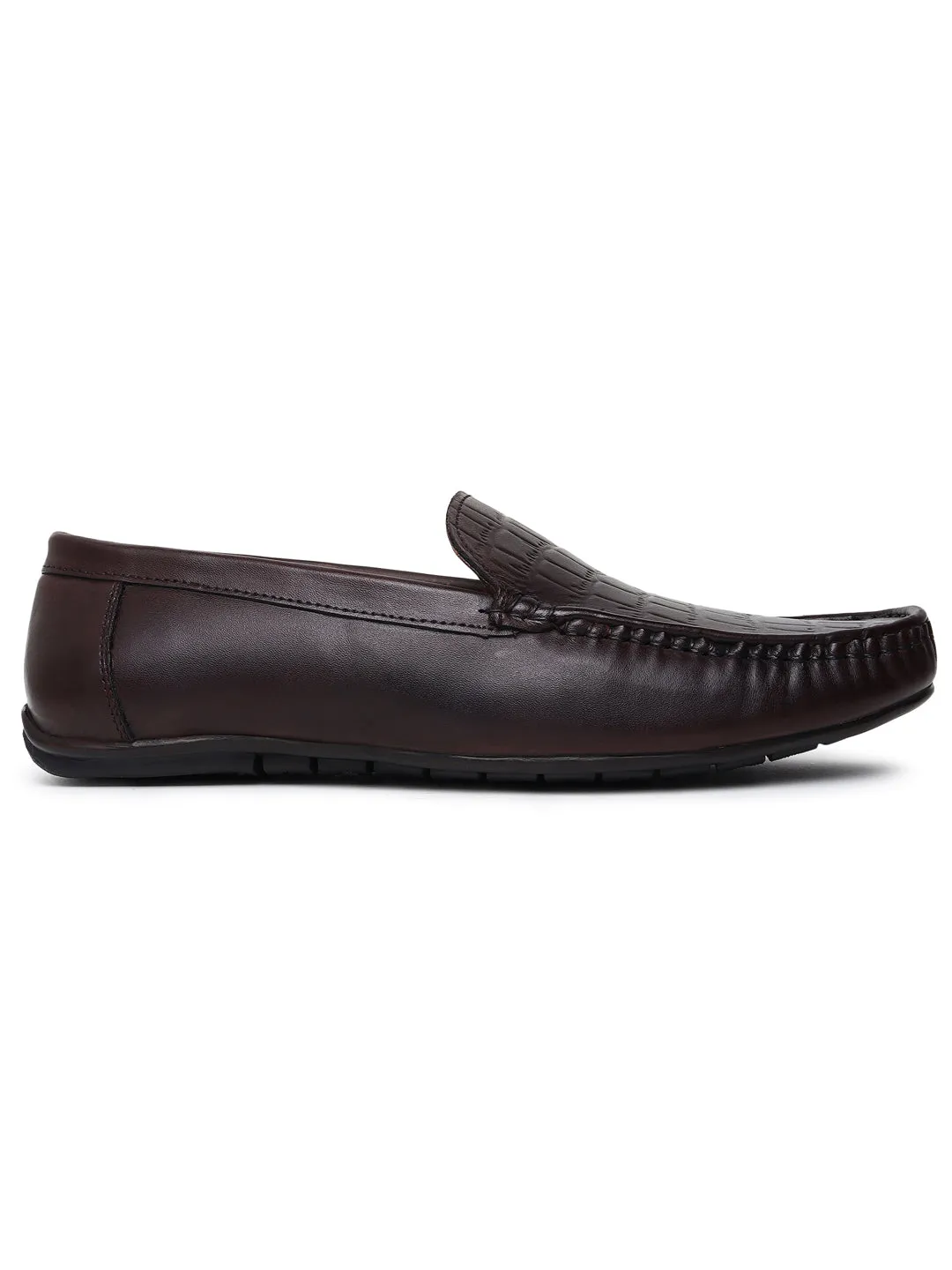 Men Texture Genuine Leather Brown Loafers