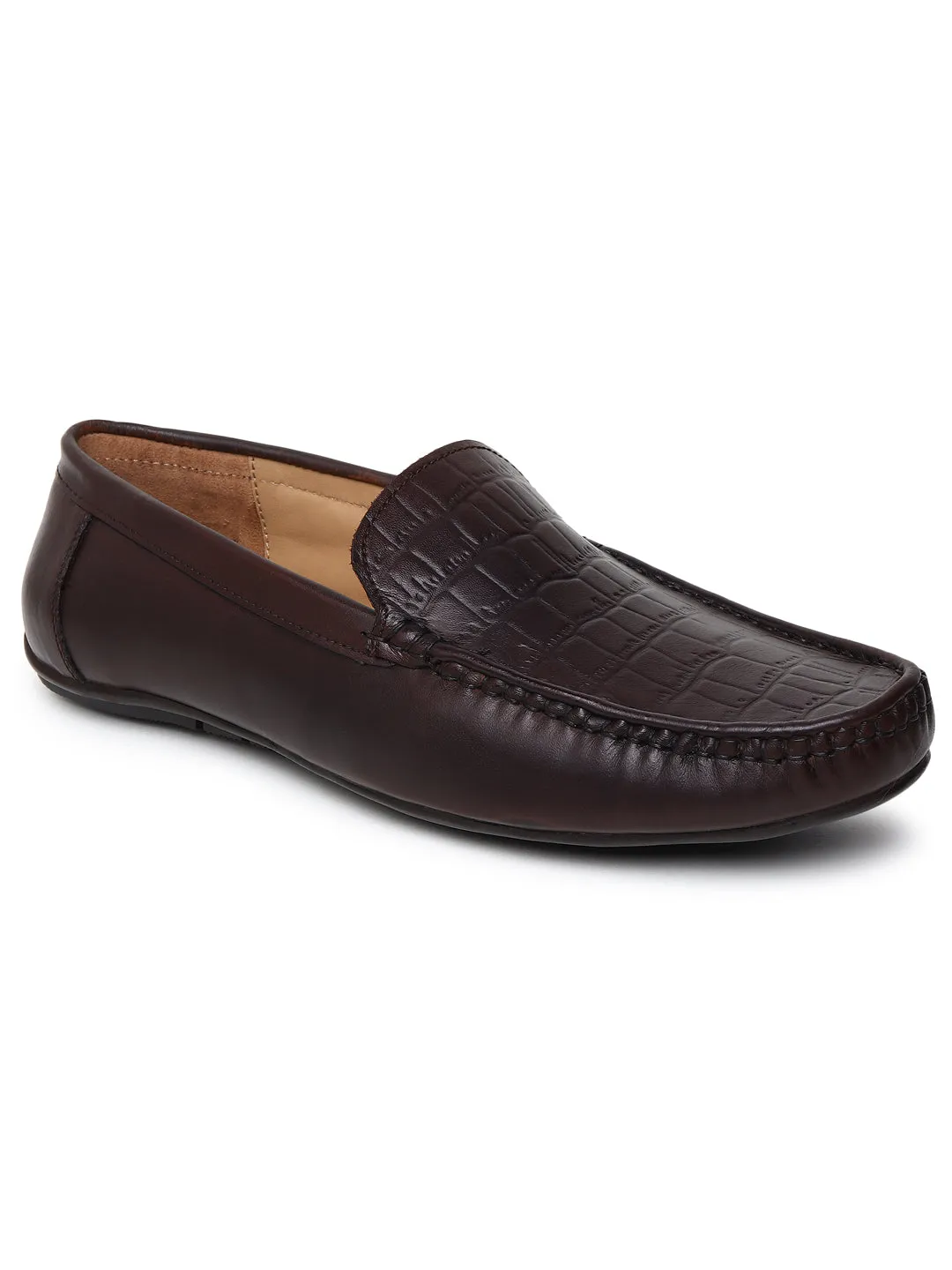 Men Texture Genuine Leather Brown Loafers