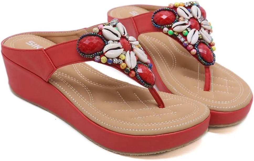 MIOKE Women's Bohemia Beaded Wedge Flipflops Sandals T-strap Summer Slip On Comfort Beach Platform Thong