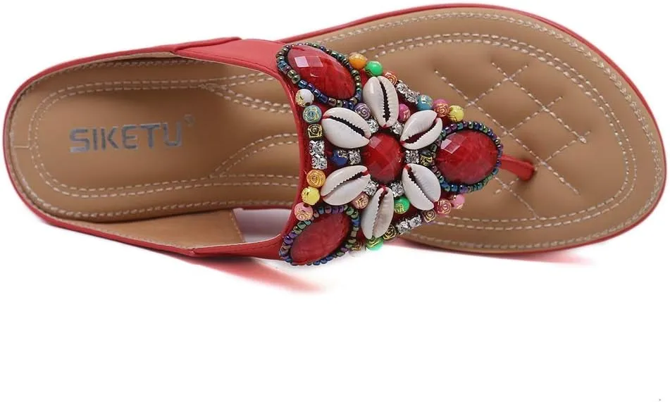 MIOKE Women's Bohemia Beaded Wedge Flipflops Sandals T-strap Summer Slip On Comfort Beach Platform Thong