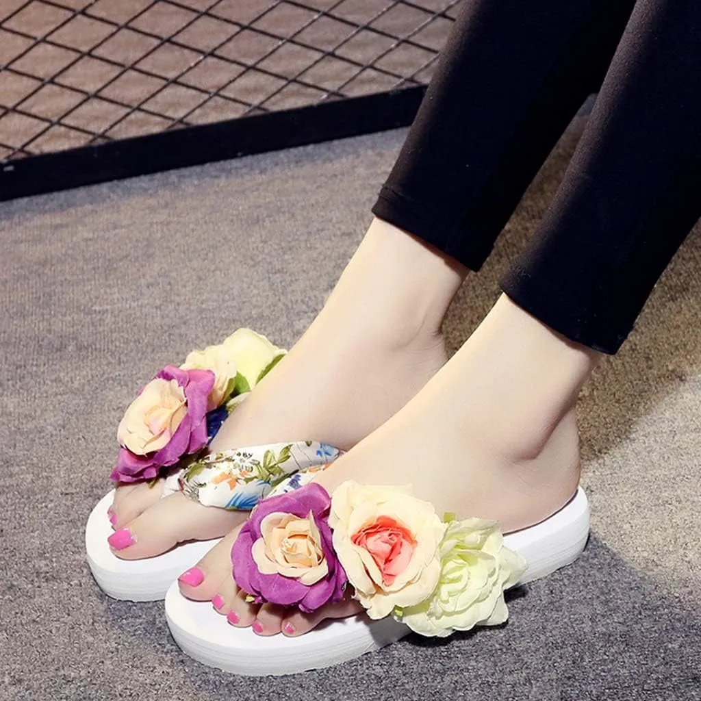 MIOKE Women's Bohemia Flowers Flat Platform Flipflops Summer Fashion Comfort Nonslip Beach Thong Sandals