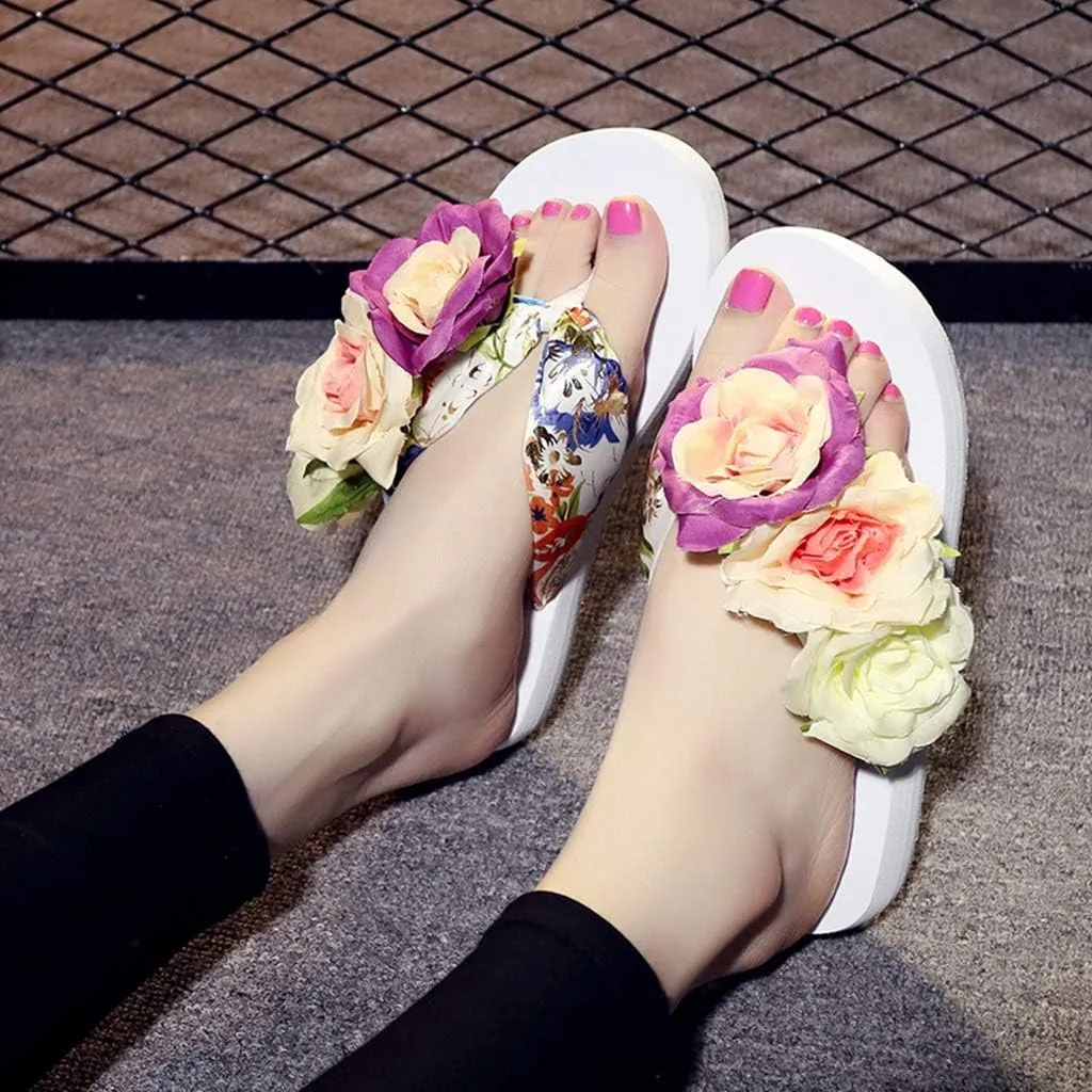 MIOKE Women's Bohemia Flowers Flat Platform Flipflops Summer Fashion Comfort Nonslip Beach Thong Sandals