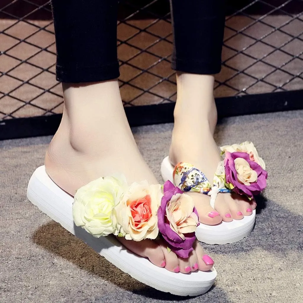 MIOKE Women's Bohemia Flowers Flat Platform Flipflops Summer Fashion Comfort Nonslip Beach Thong Sandals