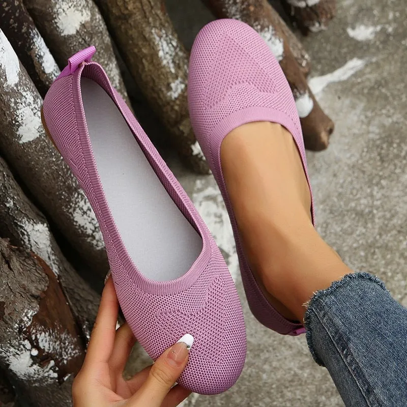 New Women's Casual Shoes Breathable Soft Bottom Knitted Flat Shoes Square Head Shallow-mouth Flats Ballerine Femme Plus Size 44