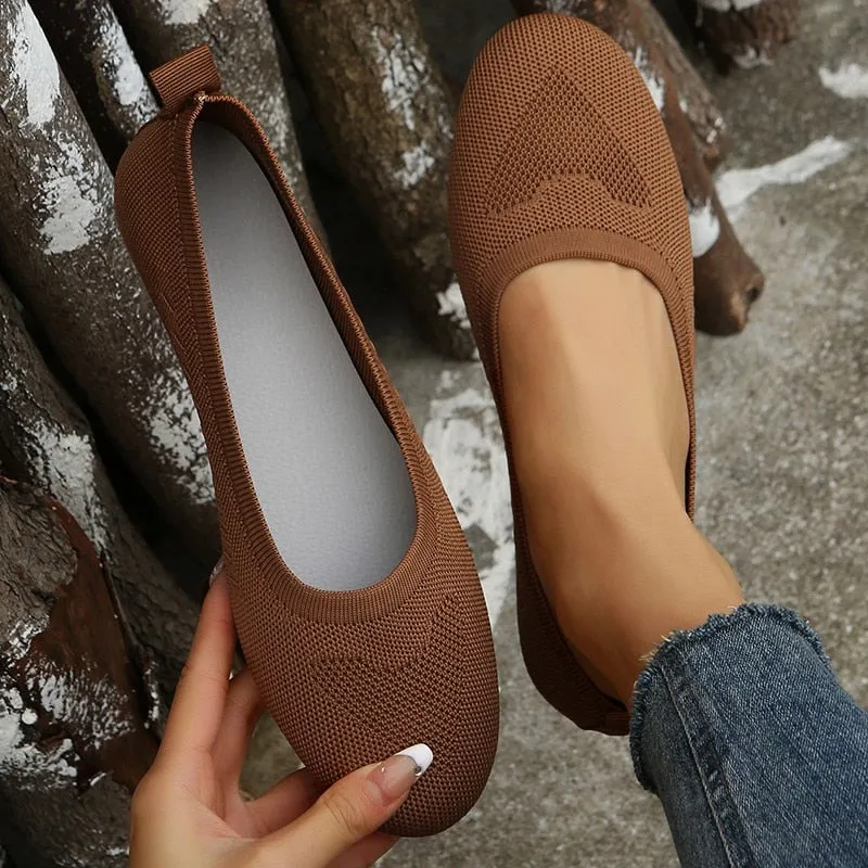 New Women's Casual Shoes Breathable Soft Bottom Knitted Flat Shoes Square Head Shallow-mouth Flats Ballerine Femme Plus Size 44