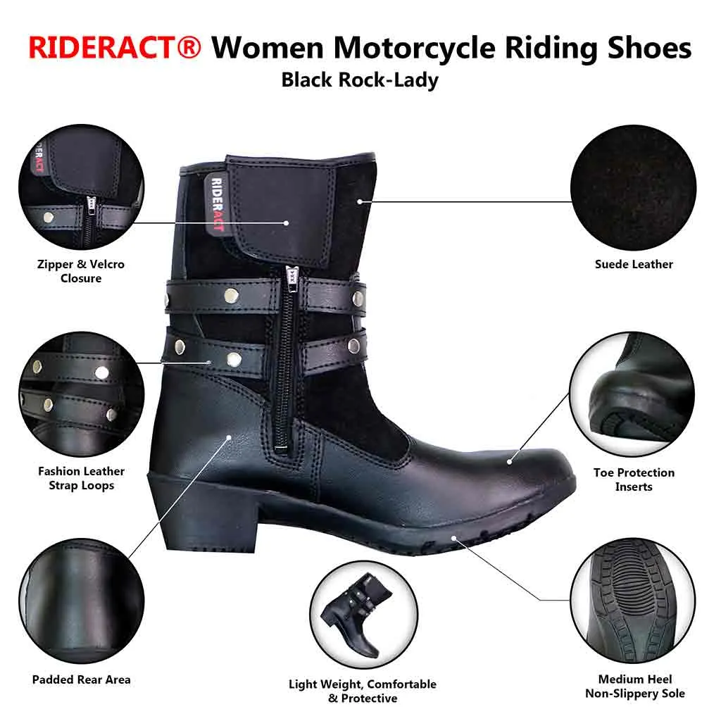 RIDERACT® Womens Motorcycle Riding Boots Black Rock Fashion Motorbike Boots