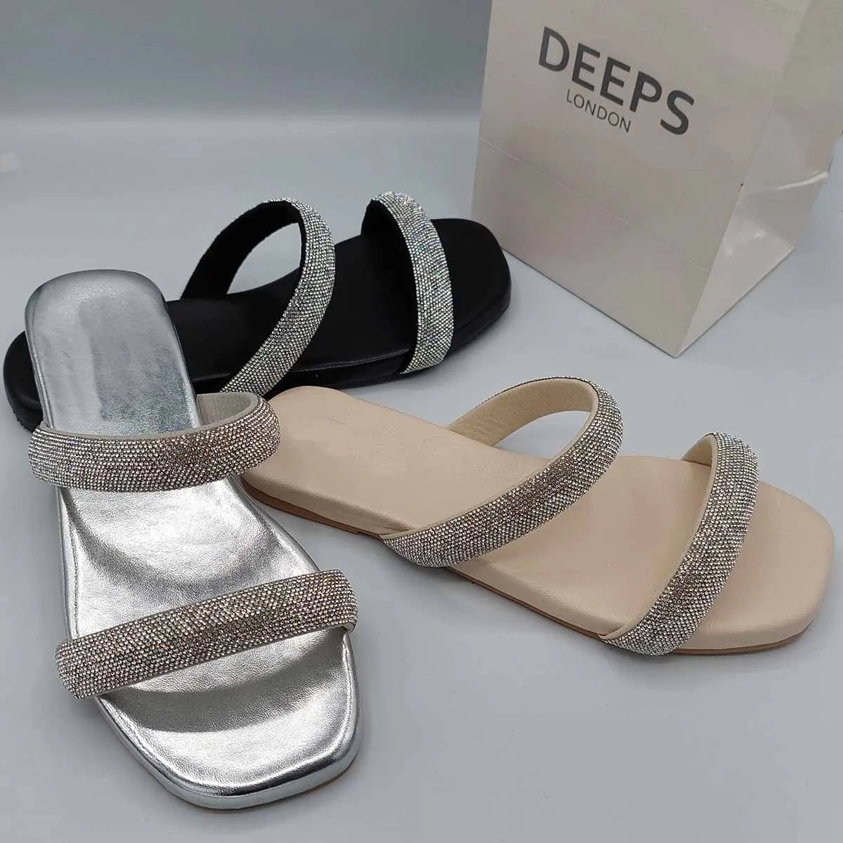 SHIRAZ DOUBLE STRAP EMBELLISHED SPARKLY FLAT SLIDER SANDALS