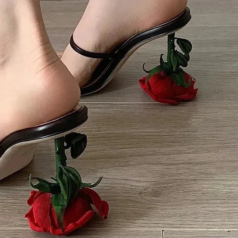 Shoes Chic Point Fashion Rose Heels Women Sandals Round Toe Slip on Pumps Summer Slippers Party Shoes 240615