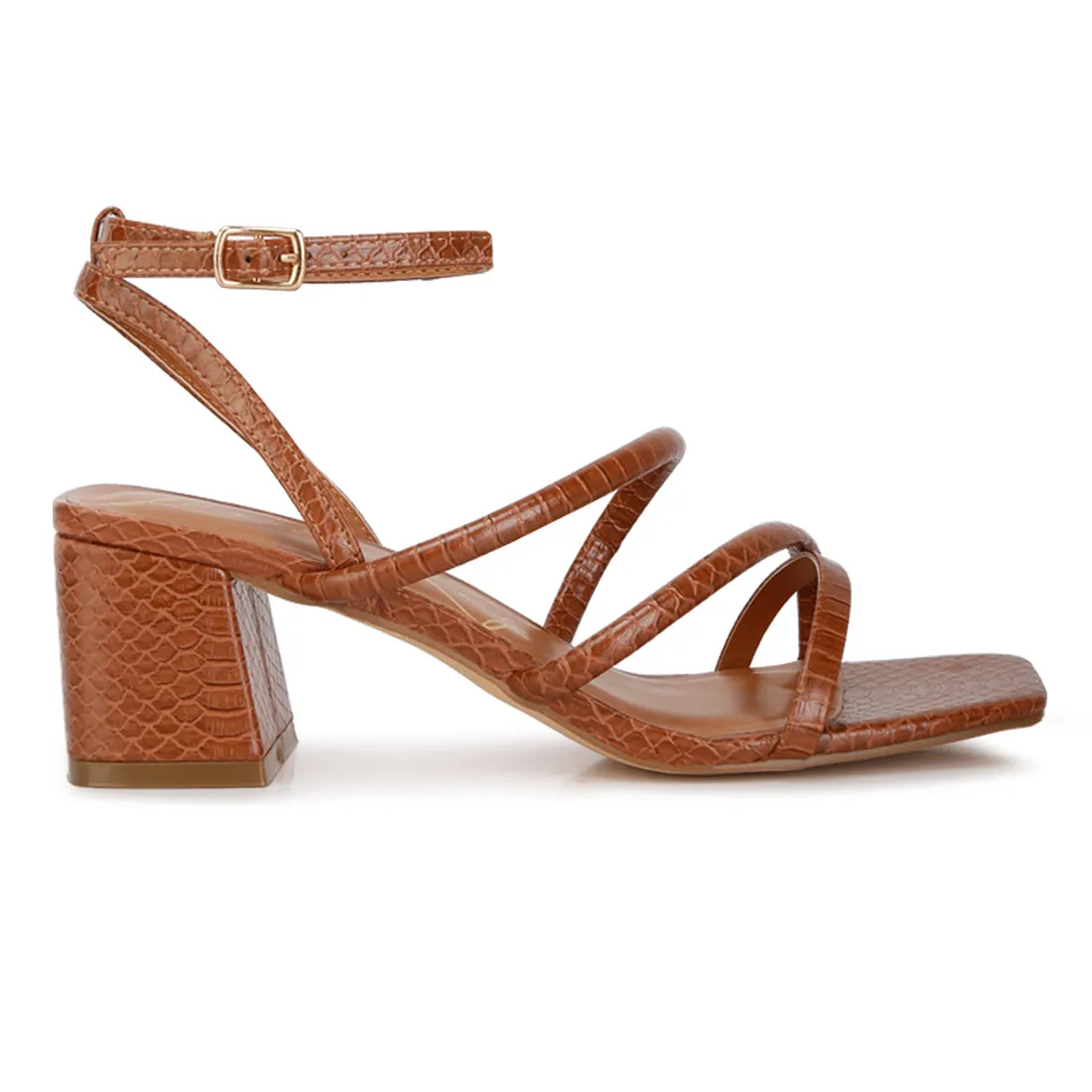 Tan Croc Mid Block Heel Casual Sandals
