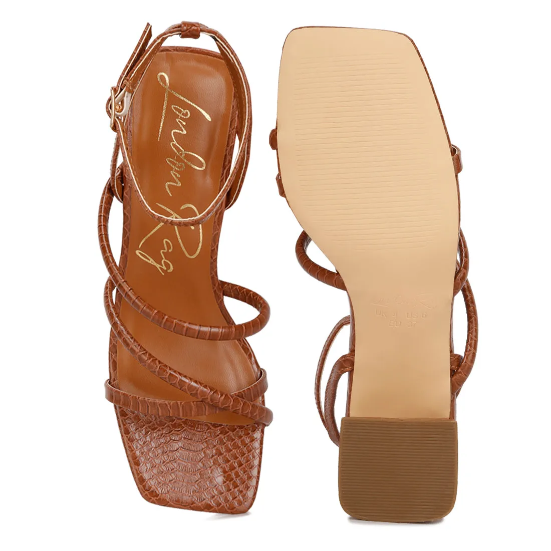 Tan Croc Mid Block Heel Casual Sandals