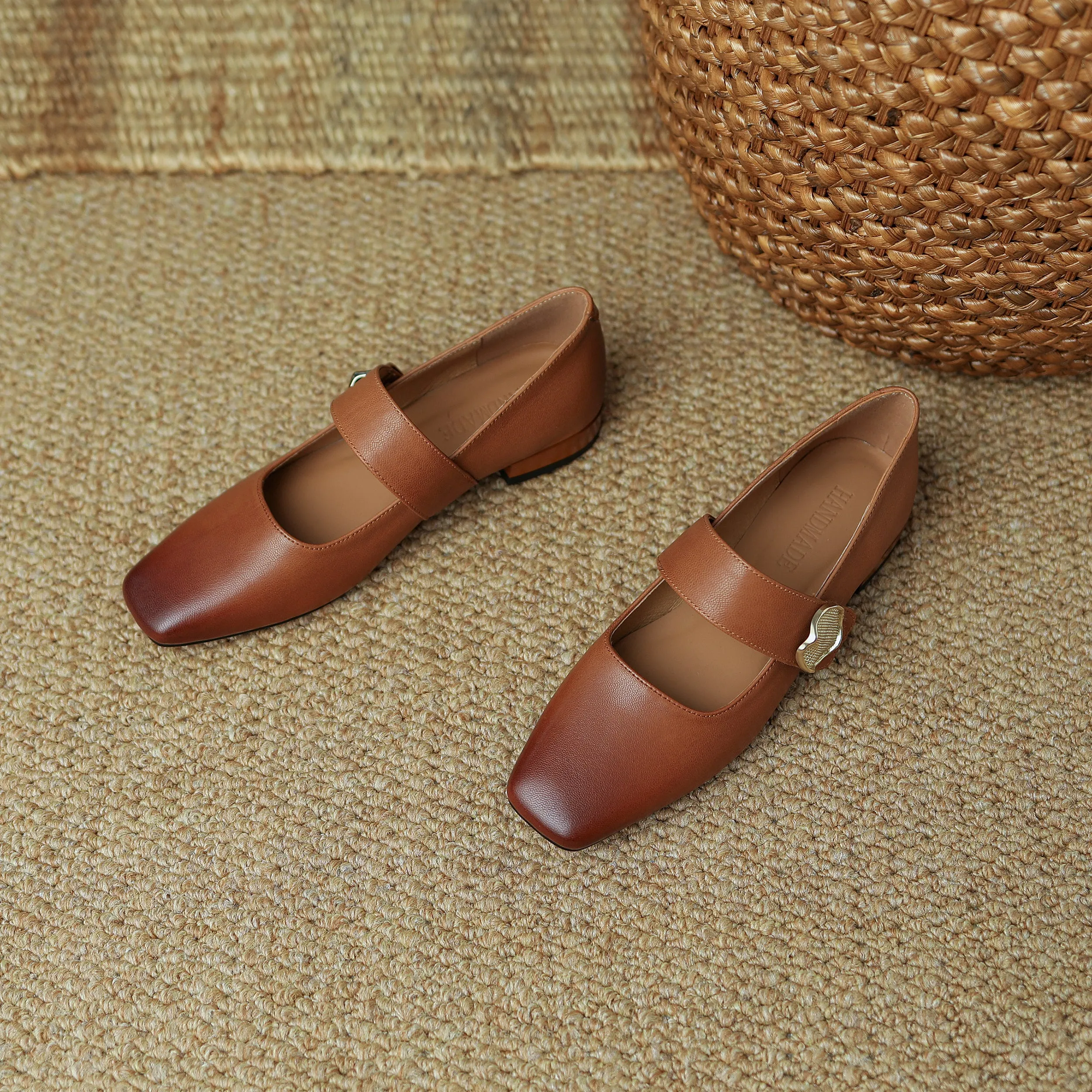 TinaCus Women's Genuine Leather Handmade Square Toe Flat Heel Metal Buckle Mary Jane Dress Shoes