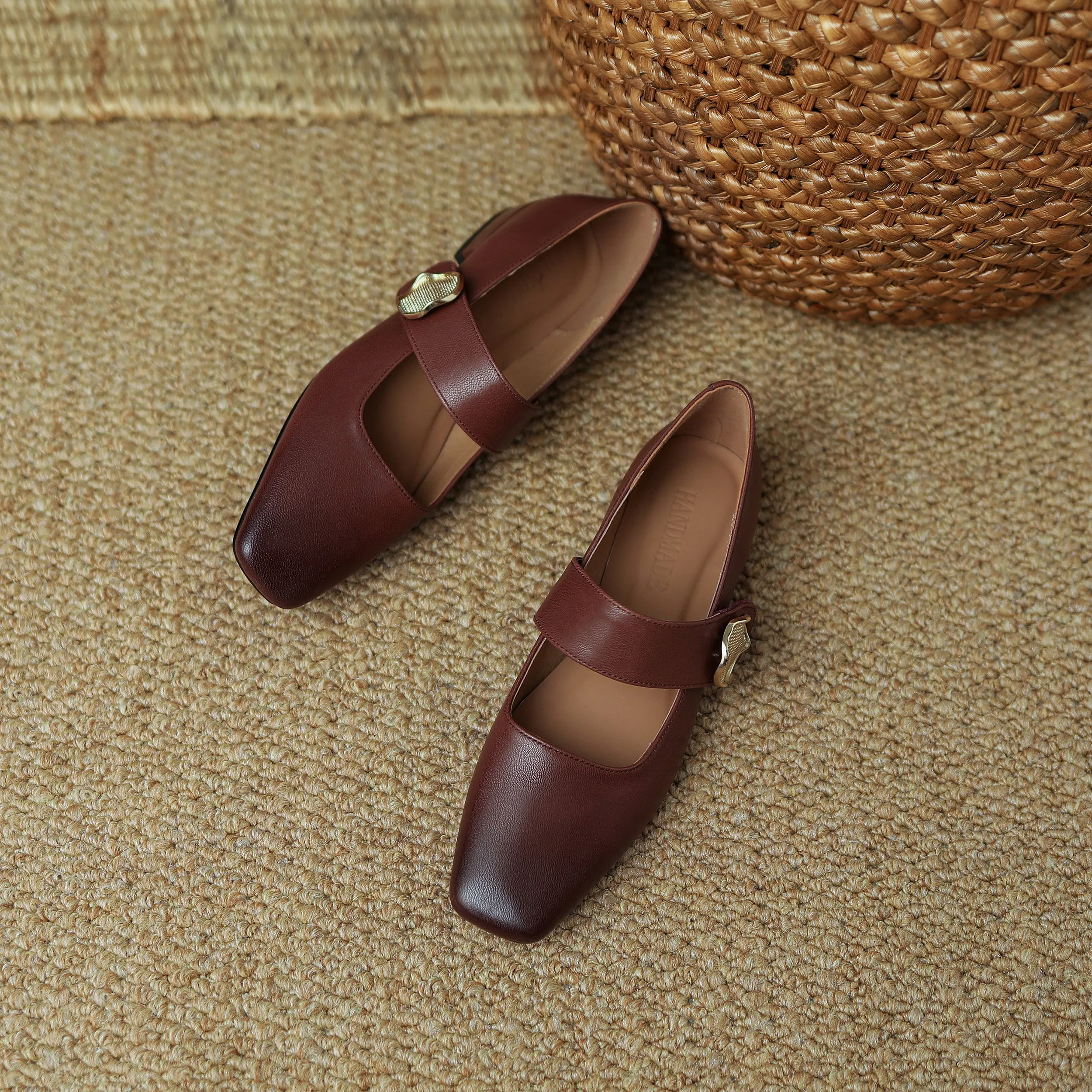 TinaCus Women's Genuine Leather Handmade Square Toe Flat Heel Metal Buckle Mary Jane Dress Shoes